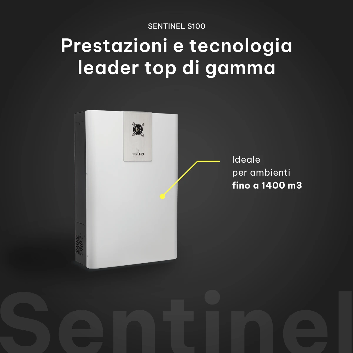 Un nebbiogeno Sentinel S100 su fondo scuro, con l’indicazione «Ideale per ambienti fino a 1400 m³».