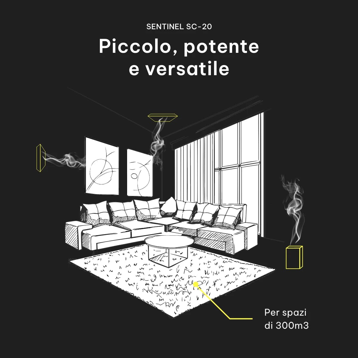 Illustrazione di un soggiorno con tre nebbiogeni Sentinel SC-20 che erogano nebbia, con la scritta «Piccolo, potente e versatile» e l’indicazione «Per spazi di 300 m³».