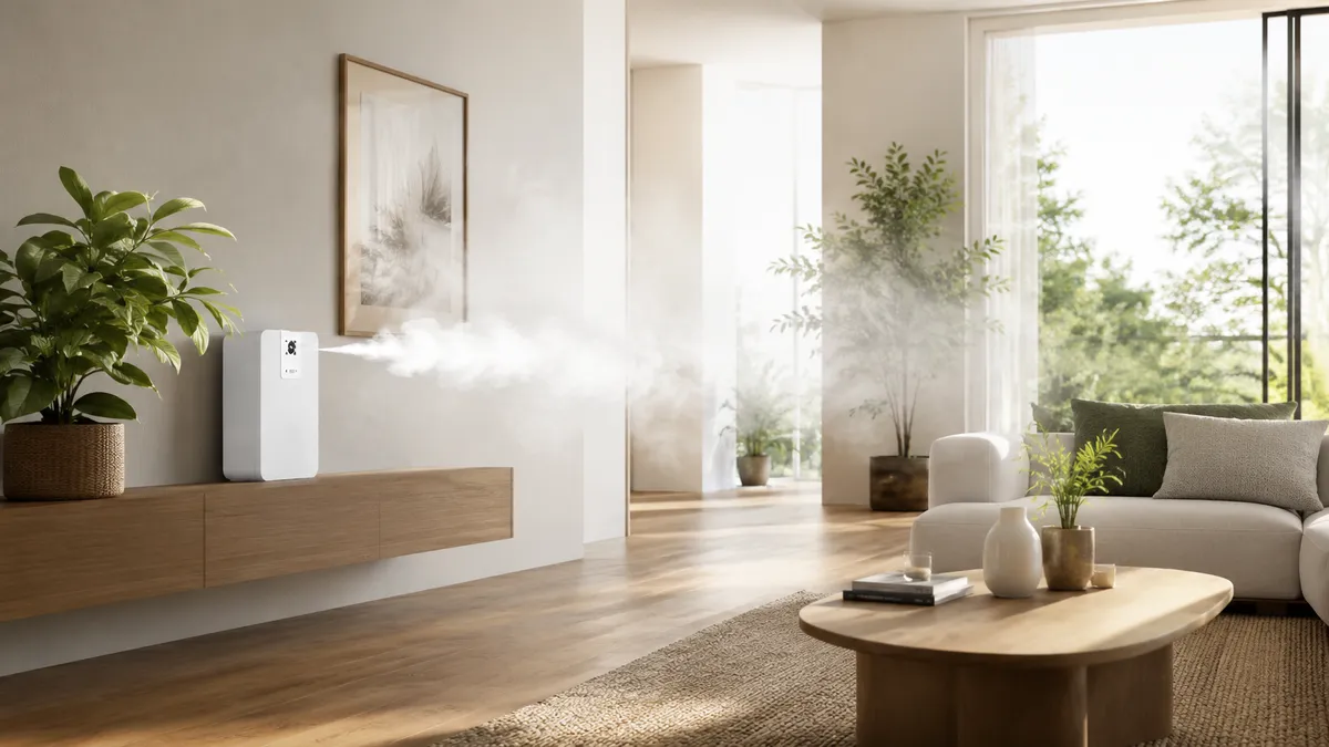 Nebbiogeno Concept installato a parete in un soggiorno, mentre eroga la nebbia protettiva.