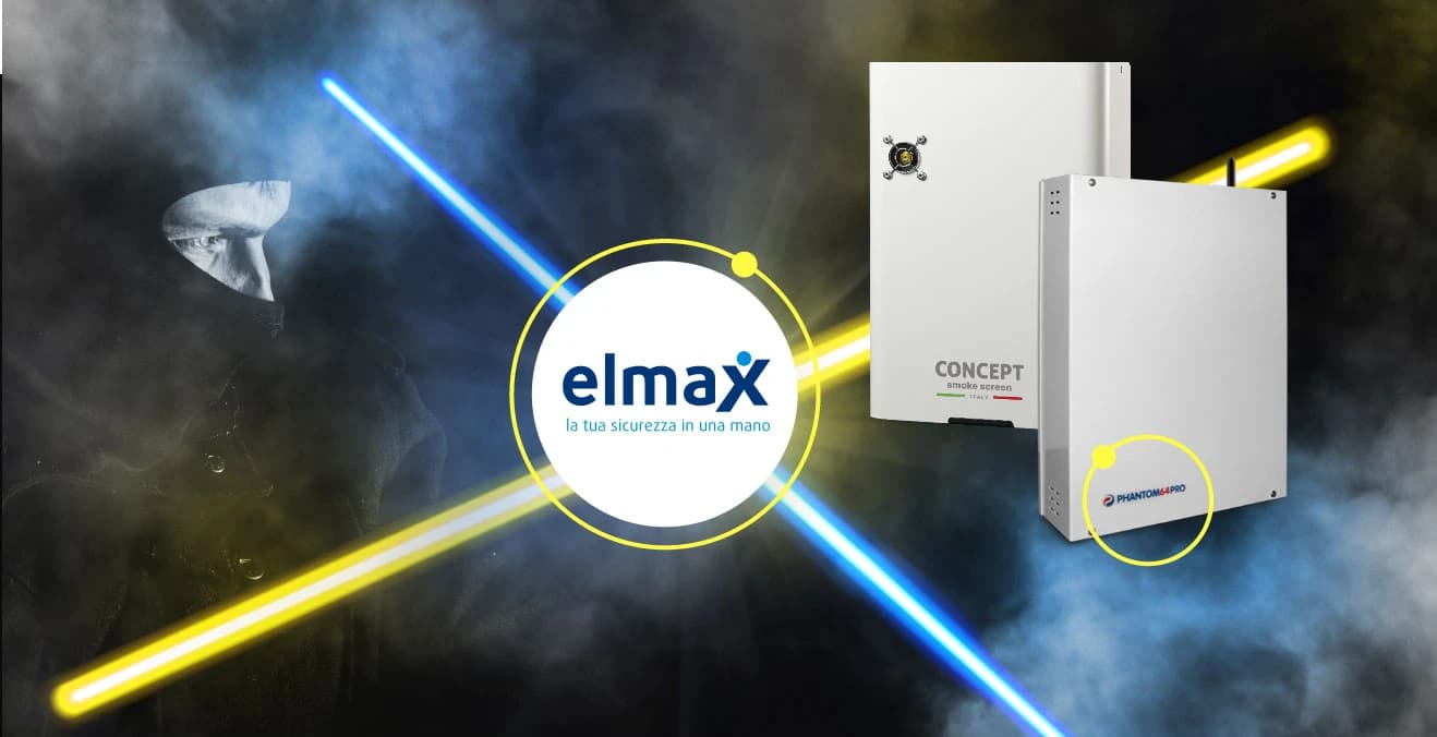 Il marchio Elmax fra una centrale di allarme Elmax e un generatore nebbiogeno Concept, su uno sfondo di nebbia.