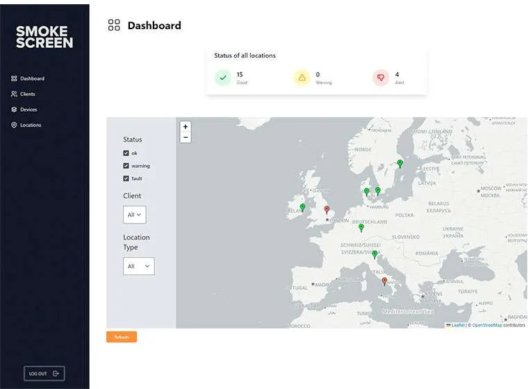 Dashboard di Sentience: il riepilogo dello stato di tutte le sedi e la mappa delle installazioni.